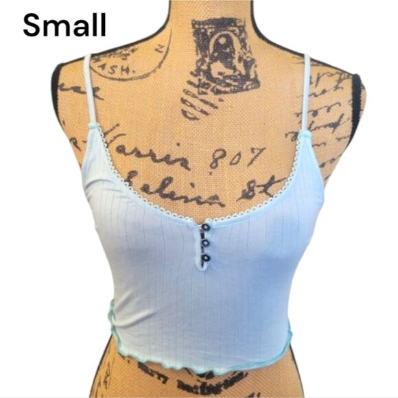 Small UO Out From Under Baby Blue Lettuce Trim Crop Top With Button Accents - Picture 1 of 5